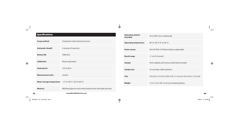 Specifications | Abbott Freestyle Freedom Lite User Manual | Page 20 / 22