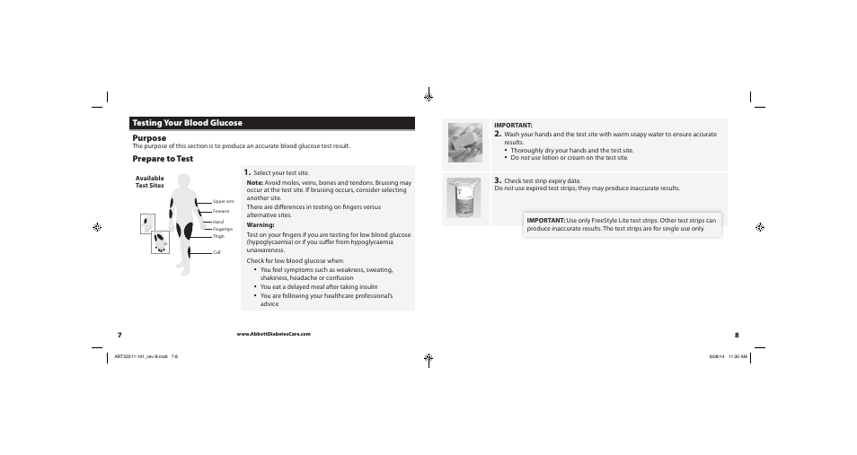 Testing your blood glucose purpose prepare to test, Testing your blood glucose purpose, Prepare to test | Abbott Freestyle Freedom Lite User Manual | Page 7 / 22