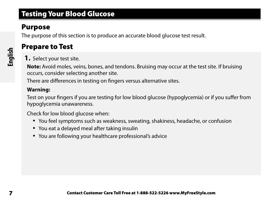Testing your blood glucose, Purpose, Prepare to test | Testing your blood glucose purpose prepare to test | Abbott Freestyle Freedom Lite User Manual | Page 11 / 78