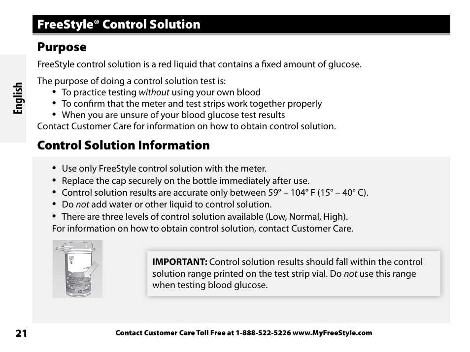 Freestyle® control solution, Purpose, Control solution information | Abbott Freestyle Freedom Lite User Manual | Page 25 / 78