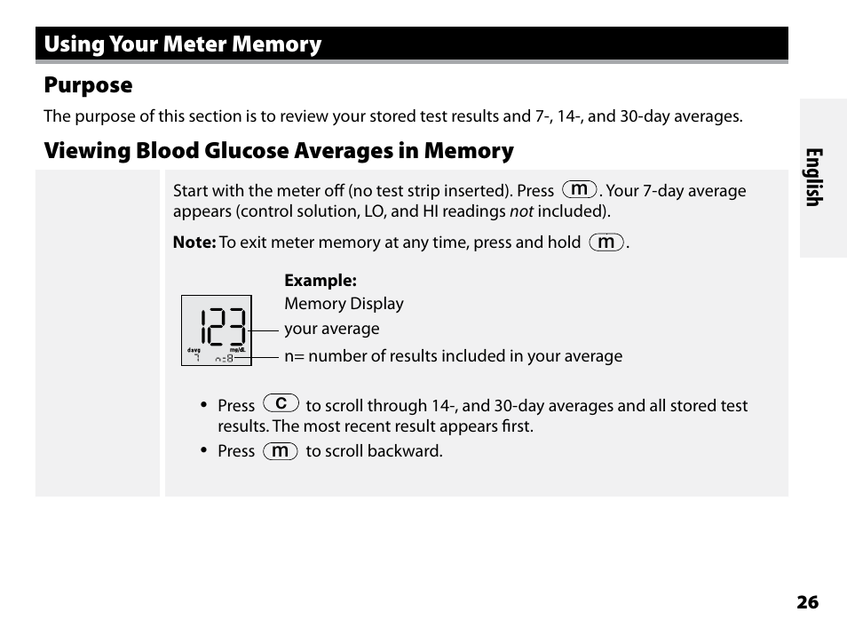 Using your meter memory, Purpose, Viewing blood glucose averages in memory | English | Abbott Freestyle Freedom Lite User Manual | Page 30 / 78