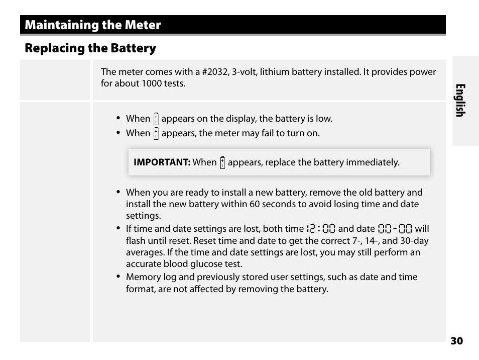 Maintaining the meter, Replacing the battery, Maintaining the meter replacing the battery | English | Abbott Freestyle Freedom Lite User Manual | Page 34 / 78