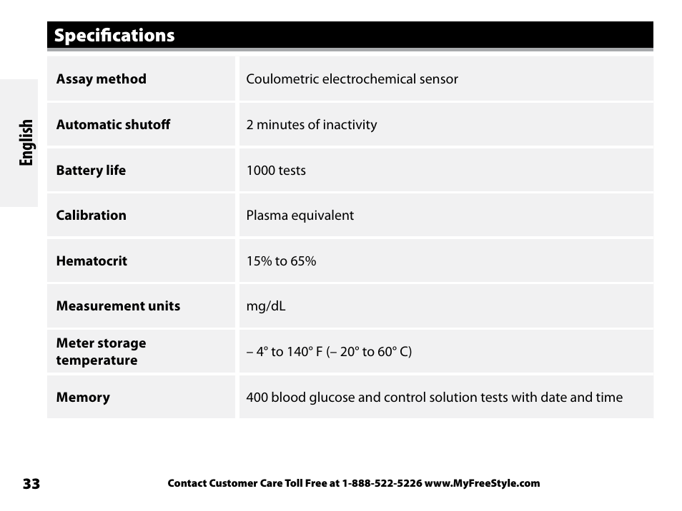 Specifications, English | Abbott Freestyle Freedom Lite User Manual | Page 37 / 78