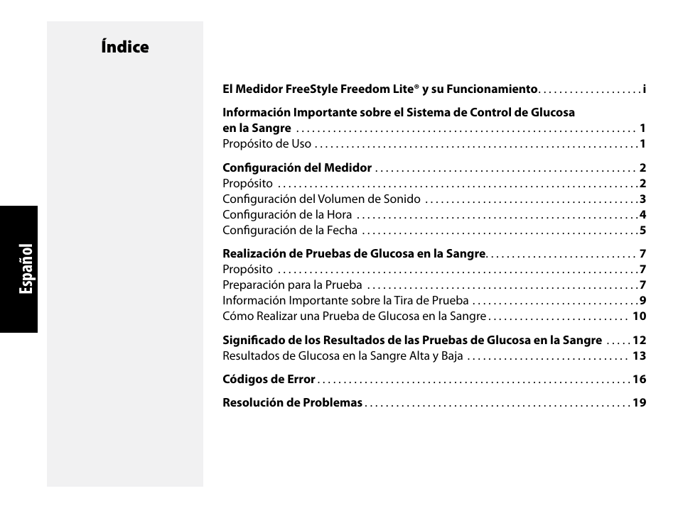 Español, Índice | Abbott Freestyle Freedom Lite User Manual | Page 41 / 78