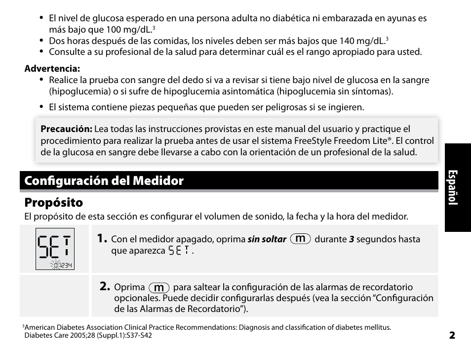Configuración del medidor, Propósito, Configuración del medidor propósito | Español | Abbott Freestyle Freedom Lite User Manual | Page 44 / 78