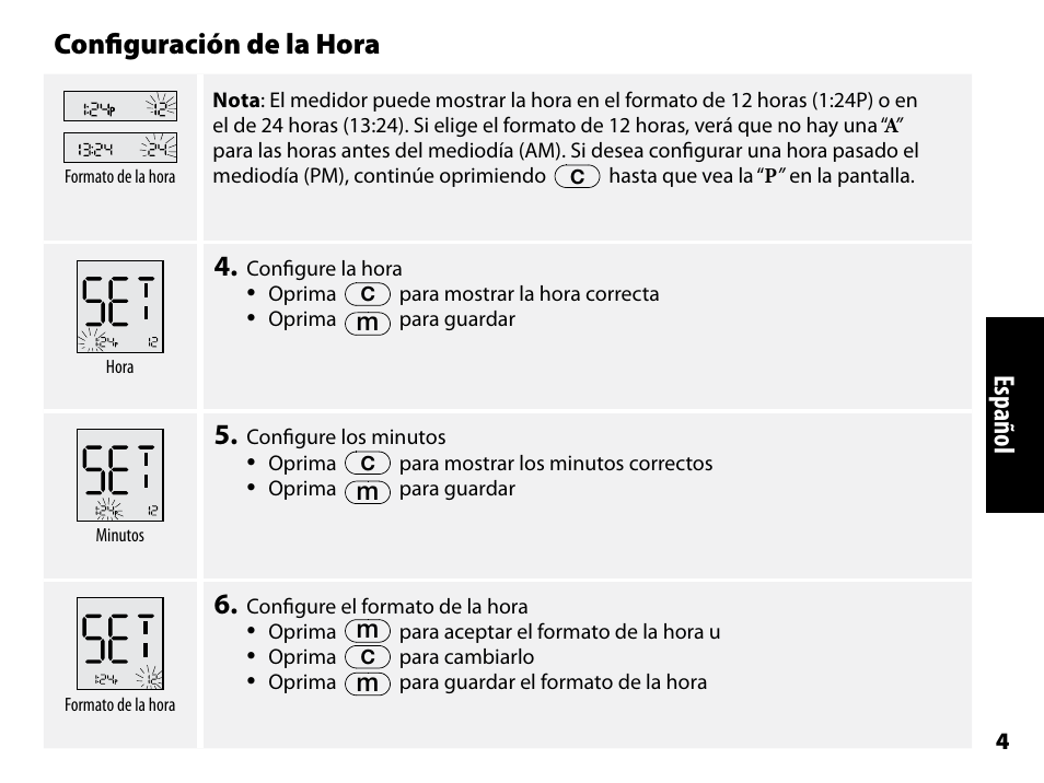 Configuración de la hora, Español | Abbott Freestyle Freedom Lite User Manual | Page 46 / 78