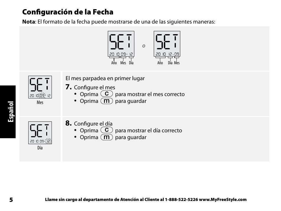 Configuración de la fecha, Español | Abbott Freestyle Freedom Lite User Manual | Page 47 / 78