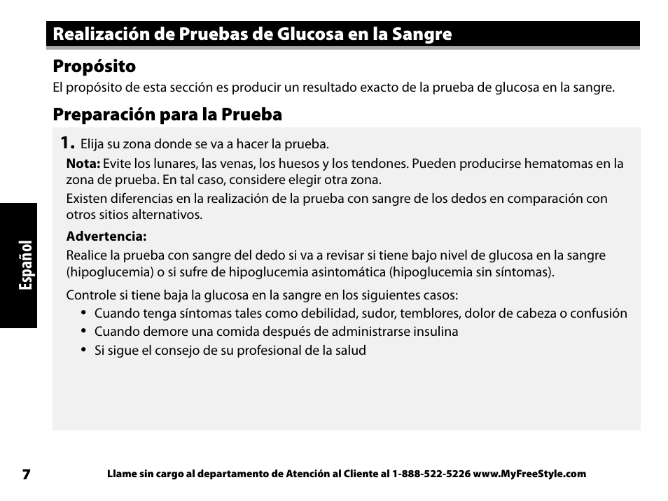 Realización de pruebas de glucosa en la sangre, Propósito, Preparación para la prueba | Preparación para la prueba 1, Español | Abbott Freestyle Freedom Lite User Manual | Page 49 / 78