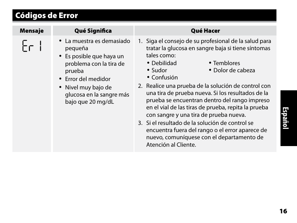 Códigos de error, Español | Abbott Freestyle Freedom Lite User Manual | Page 58 / 78