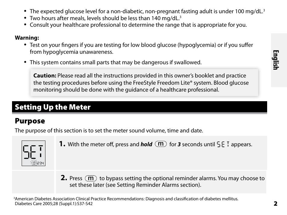 Setting up the meter, Purpose, Setting up the meter purpose | English | Abbott Freestyle Freedom Lite User Manual | Page 6 / 78