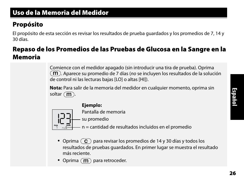 Uso de la memoria del medidor, Propósito, Español | Abbott Freestyle Freedom Lite User Manual | Page 68 / 78