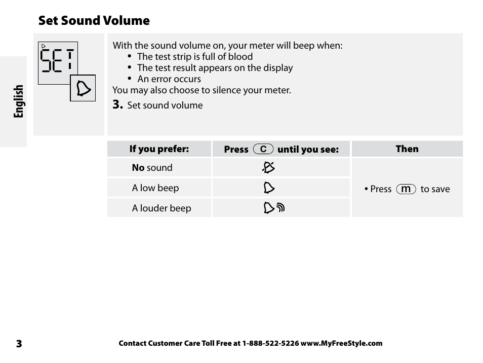 Set sound volume, English | Abbott Freestyle Freedom Lite User Manual | Page 7 / 78