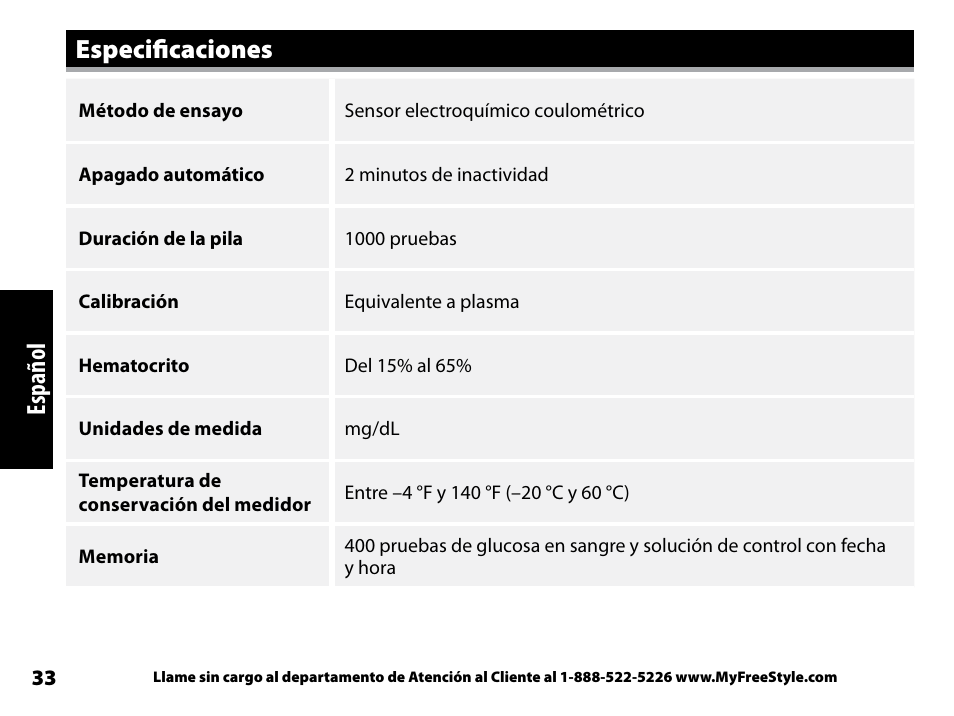 Especificaciones, Español | Abbott Freestyle Freedom Lite User Manual | Page 75 / 78