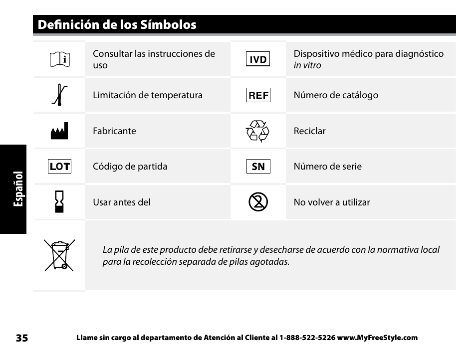 Definición de los símbolos, Español | Abbott Freestyle Freedom Lite User Manual | Page 77 / 78