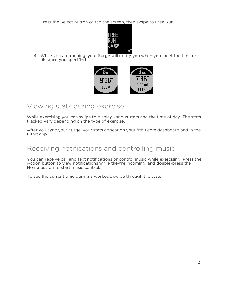 Viewing stats during exercise, Receiving notifications and controlling music | Fitbit Surge User Manual | Page 26 / 48