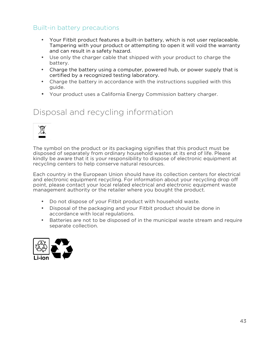 Disposal and recycling information, Built-in battery precautions | Fitbit Surge User Manual | Page 48 / 48