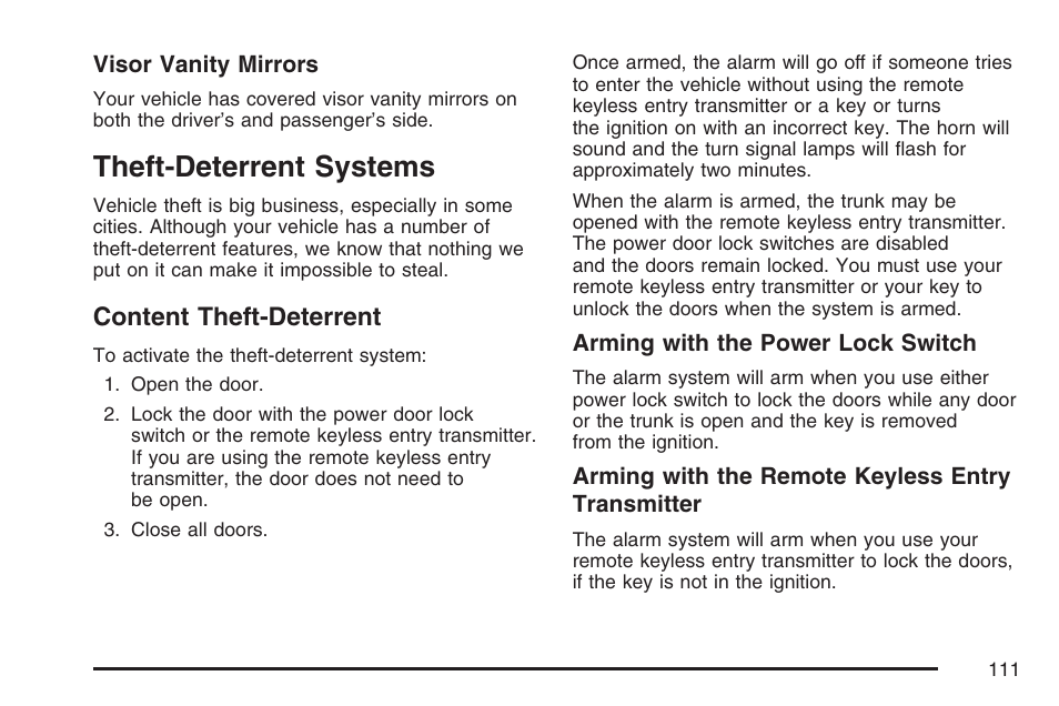 Theft-deterrent systems, Content theft-deterrent | Pontiac 2007 Torrent User Manual | Page 111 / 490