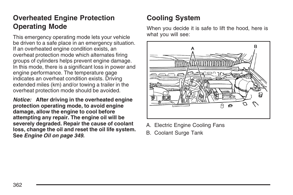 Overheated engine protection operating mode, Cooling system, Overheated engine protection | Operating mode | Pontiac 2007 Torrent User Manual | Page 362 / 490