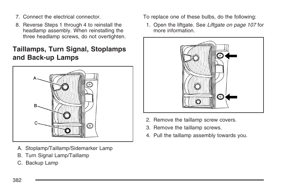 Taillamps, turn signal, stoplamps and, Back-up lamps | Pontiac 2007 Torrent User Manual | Page 382 / 490