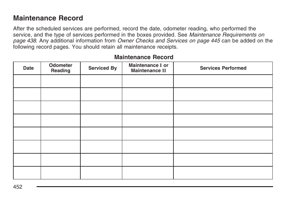 Maintenance record | Pontiac 2007 Torrent User Manual | Page 452 / 490
