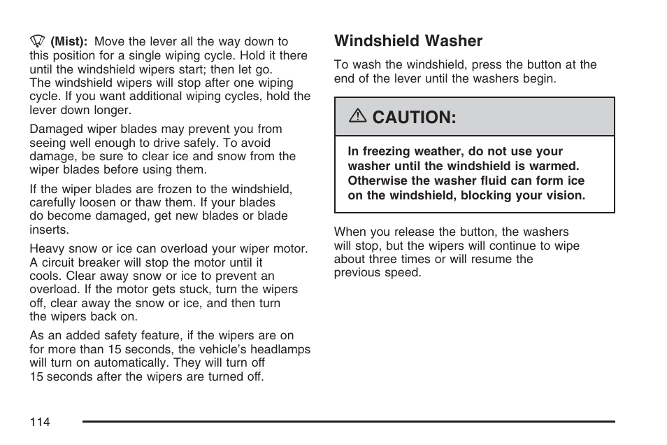 Windshield washer, Caution | Pontiac 2007 Solstice User Manual | Page 114 / 396