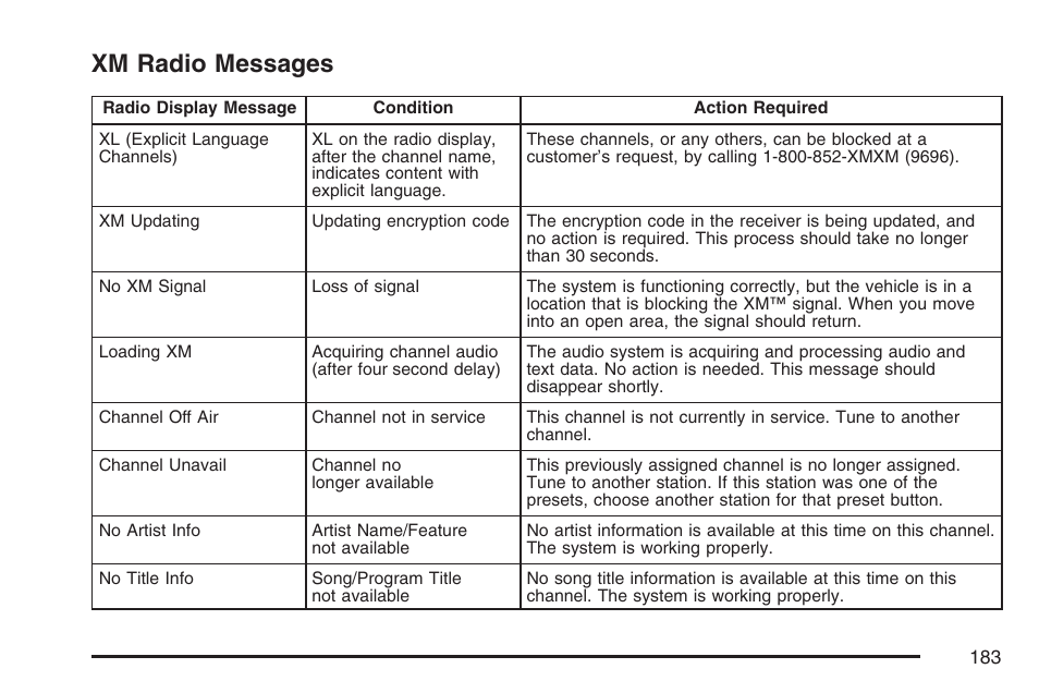 Xm radio messages | Pontiac 2007 Solstice User Manual | Page 183 / 396