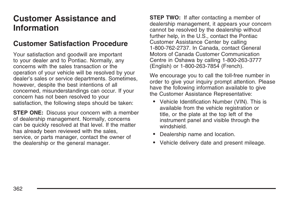 Customer assistance and information, Customer satisfaction procedure, Customer assistance and | Information | Pontiac 2007 Solstice User Manual | Page 362 / 396