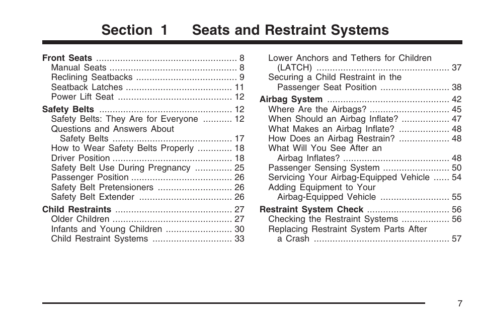 Seats and restraint systems | Pontiac 2007 Solstice User Manual | Page 7 / 396