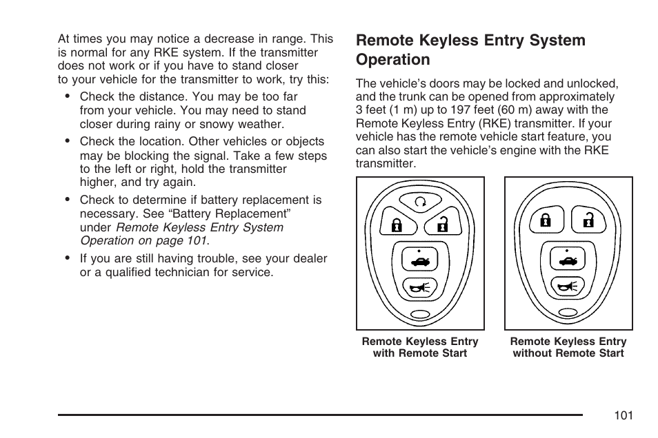 Remote keyless entry system operation, Remote keyless entry system, Operation | Pontiac 2007 G6 User Manual | Page 101 / 486