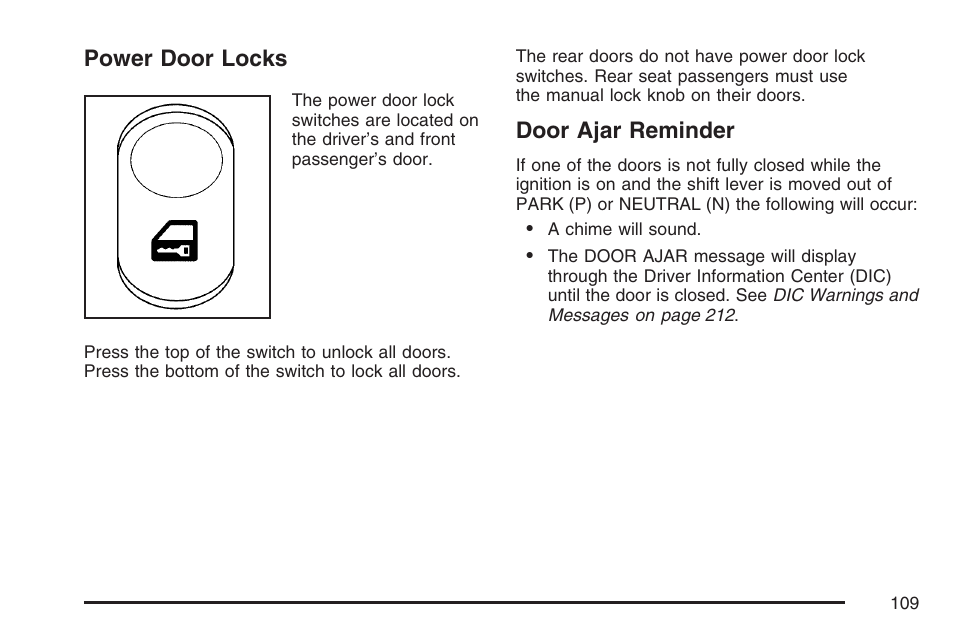 Power door locks, Door ajar reminder, Power door locks door ajar reminder | Pontiac 2007 G6 User Manual | Page 109 / 486