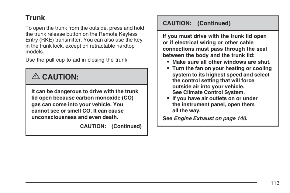 Trunk, Caution | Pontiac 2007 G6 User Manual | Page 113 / 486