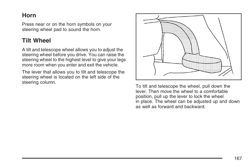 Horn, Tilt wheel, Horn tilt wheel | Pontiac 2007 G6 User Manual | Page 167 / 486