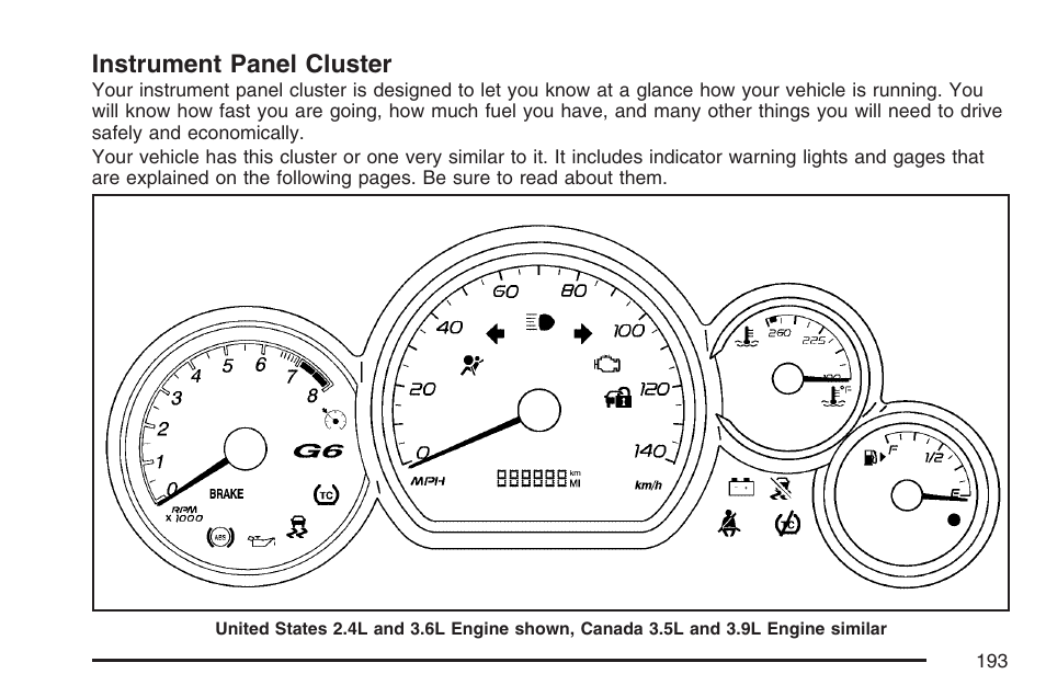 Instrument panel cluster, Instrument, Panel cluster | Pontiac 2007 G6 User Manual | Page 193 / 486