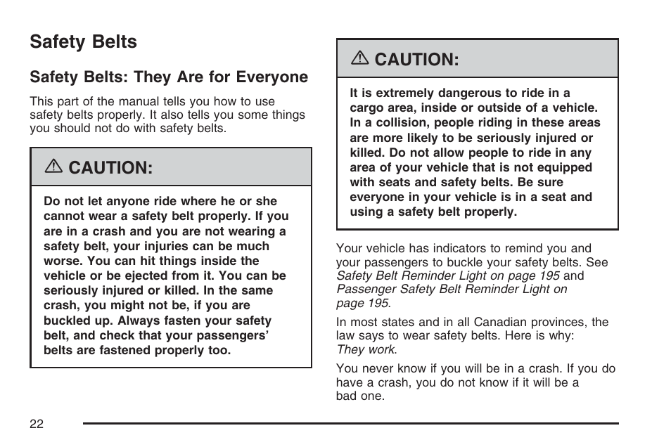 Safety belts, Safety belts: they are for everyone | Pontiac 2007 G6 User Manual | Page 22 / 486