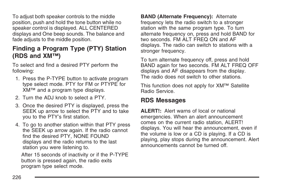 Finding a program type (pty) station (rds and xm™), Rds messages | Pontiac 2007 G6 User Manual | Page 226 / 486