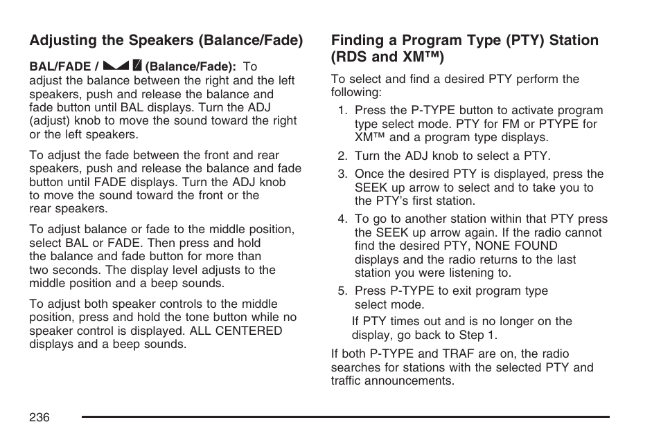 Adjusting the speakers (balance/fade), Finding a program type (pty) station (rds and xm™) | Pontiac 2007 G6 User Manual | Page 236 / 486