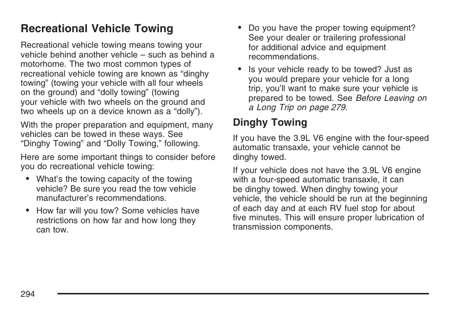 Recreational vehicle towing | Pontiac 2007 G6 User Manual | Page 294 / 486