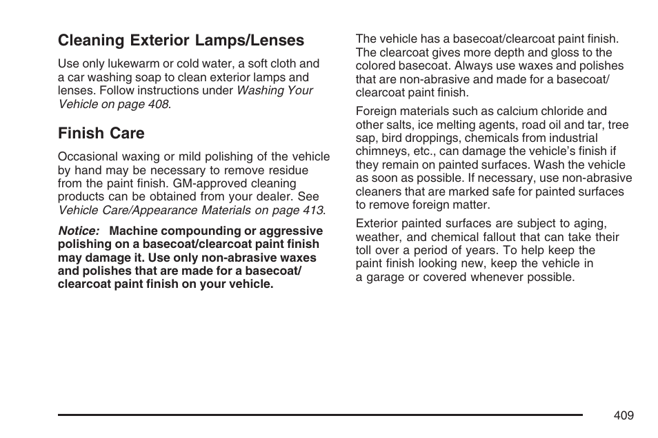 Cleaning exterior lamps/lenses, Finish care, Cleaning exterior lamps/lenses finish care | Pontiac 2007 G6 User Manual | Page 409 / 486