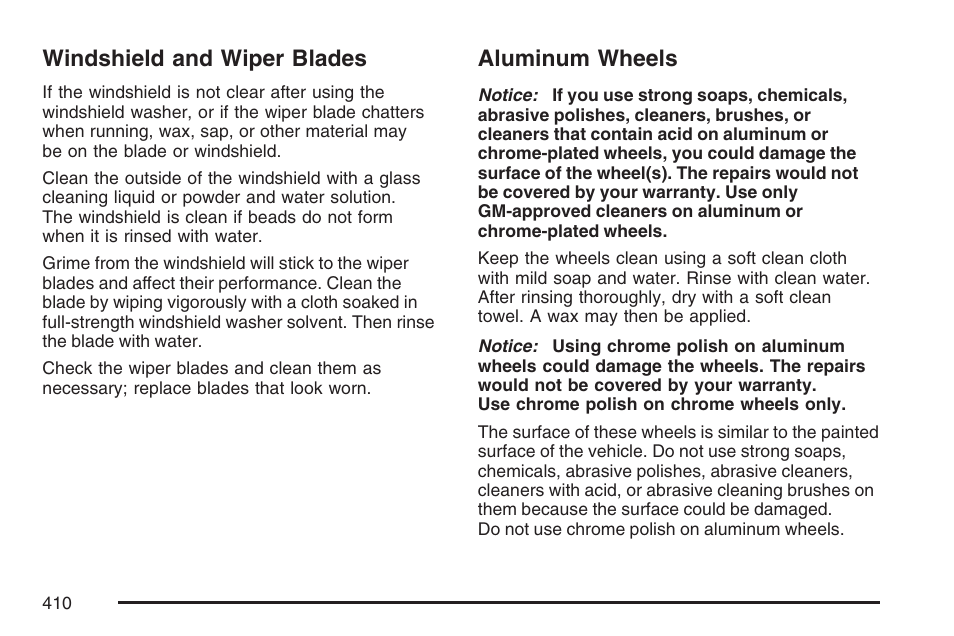 Windshield and wiper blades, Aluminum wheels | Pontiac 2007 G6 User Manual | Page 410 / 486