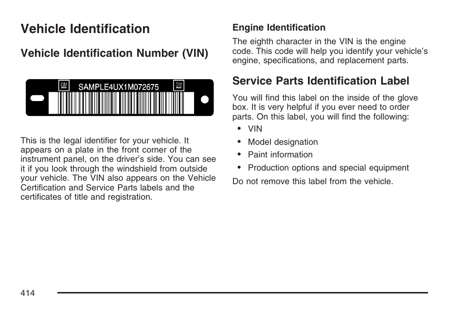 Vehicle identification, Vehicle identification number (vin), Service parts identification label | Pontiac 2007 G6 User Manual | Page 414 / 486