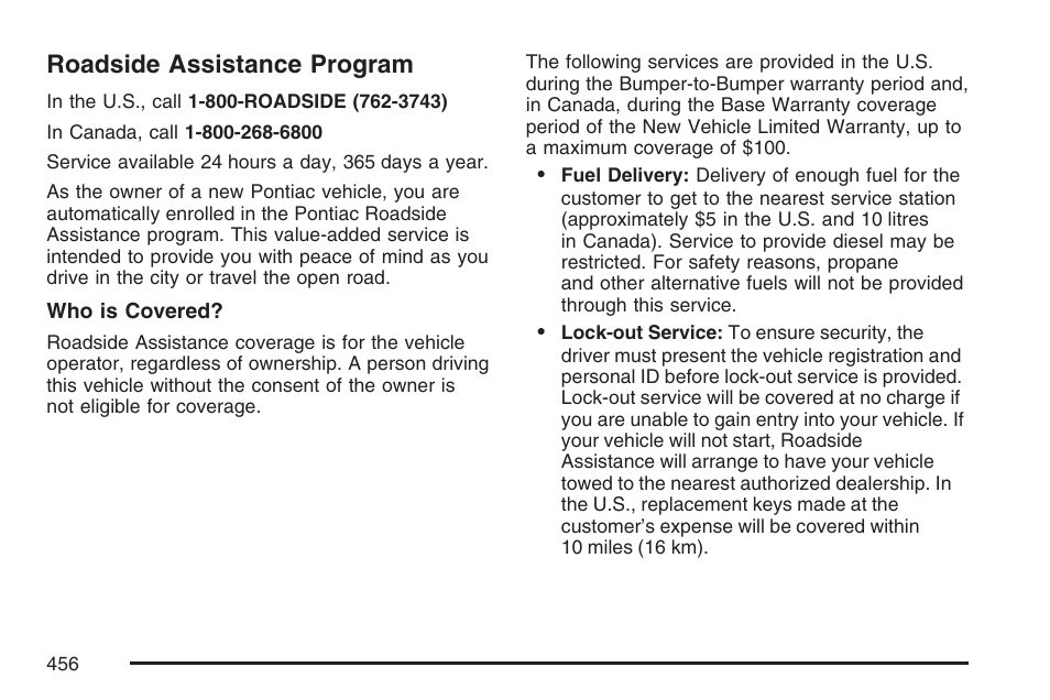 Roadside assistance program | Pontiac 2007 G6 User Manual | Page 456 / 486
