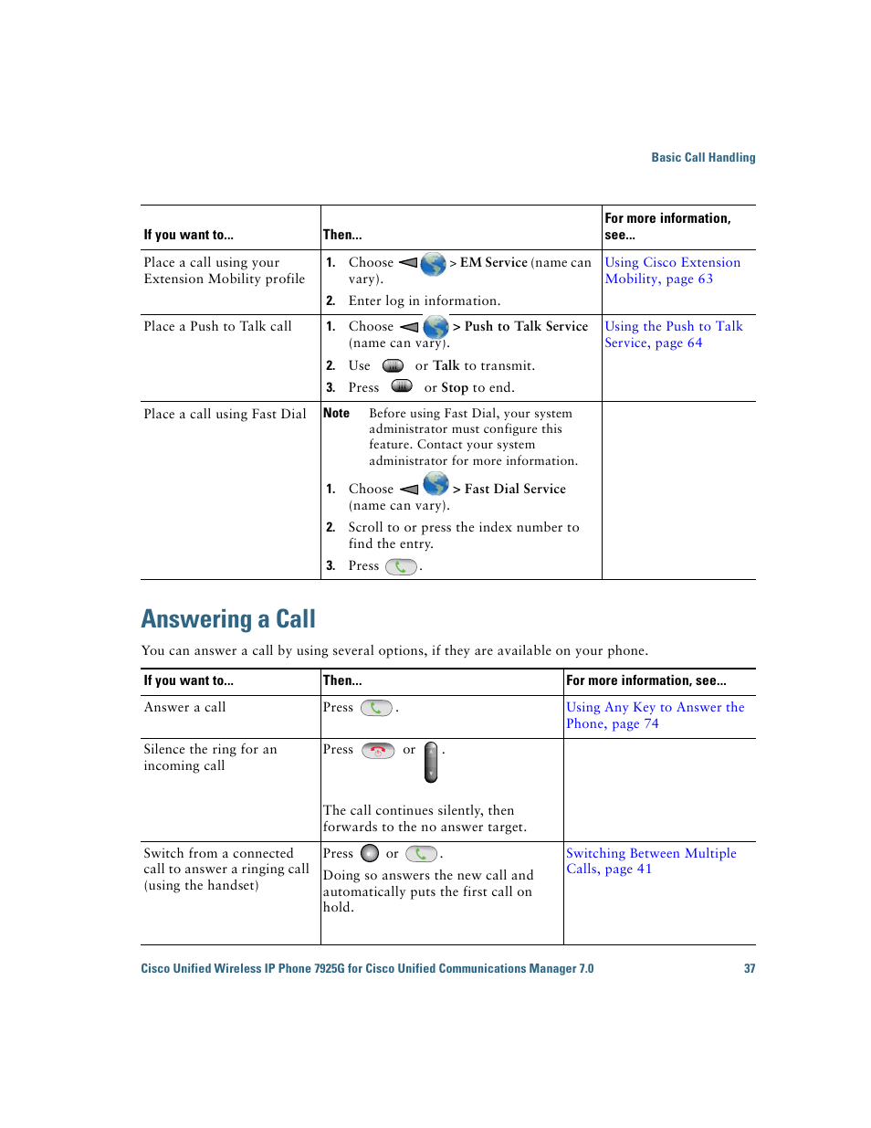 Answering a call | Cisco Cisco Unified Wireless IP Phone 7925G User Manual | Page 45 / 126