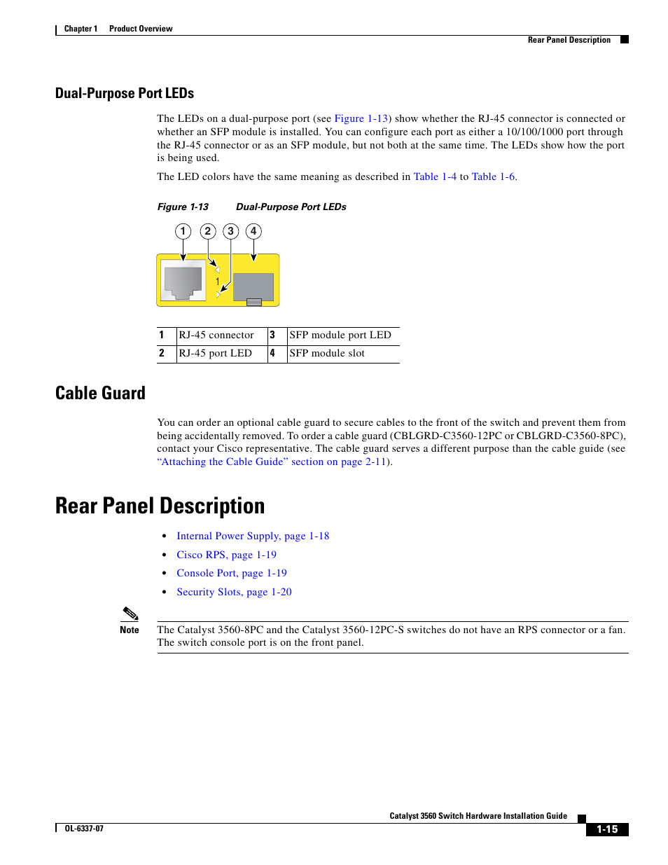 Dual-purpose port leds, Cable guard, Rear panel description | Cisco 3560 User Manual | Page 25 / 120