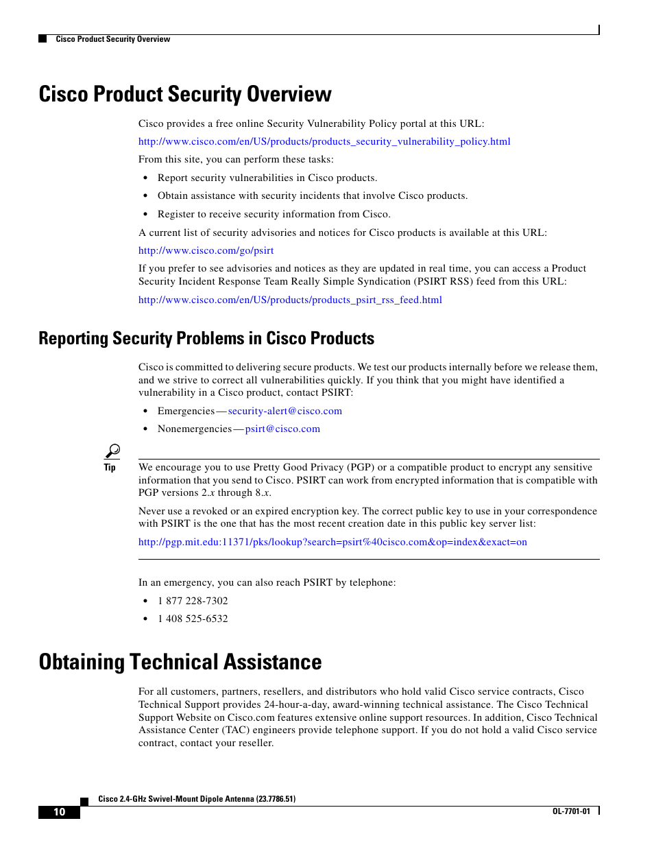 Cisco product security overview, Reporting security problems in cisco products, Obtaining technical assistance | Cisco Cisco 2.4-GHz Swivel-Mount Dipole Antenna 23.7786.51 User Manual | Page 10 / 14