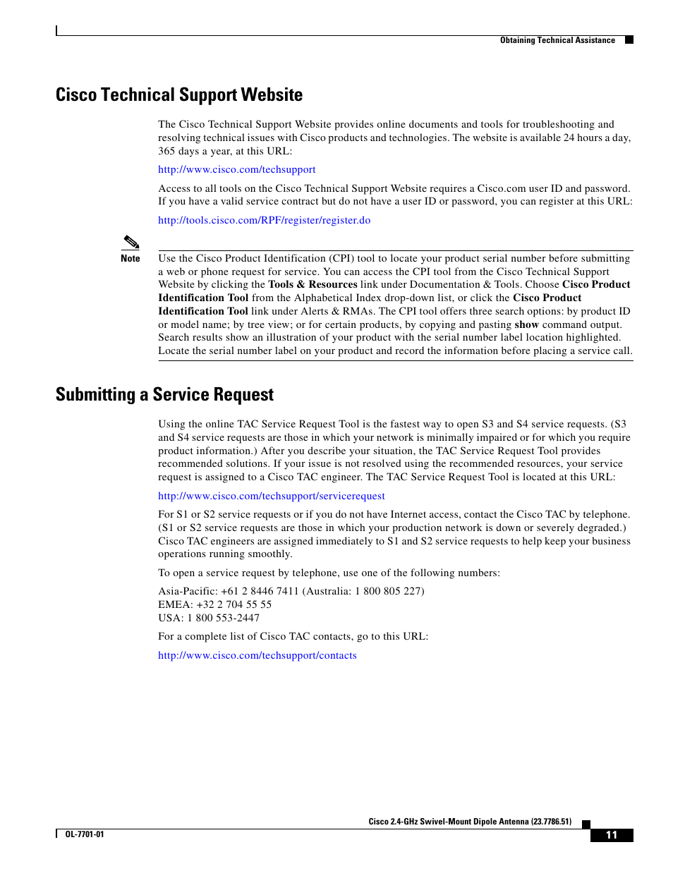 Cisco technical support website, Submitting a service request | Cisco Cisco 2.4-GHz Swivel-Mount Dipole Antenna 23.7786.51 User Manual | Page 11 / 14
