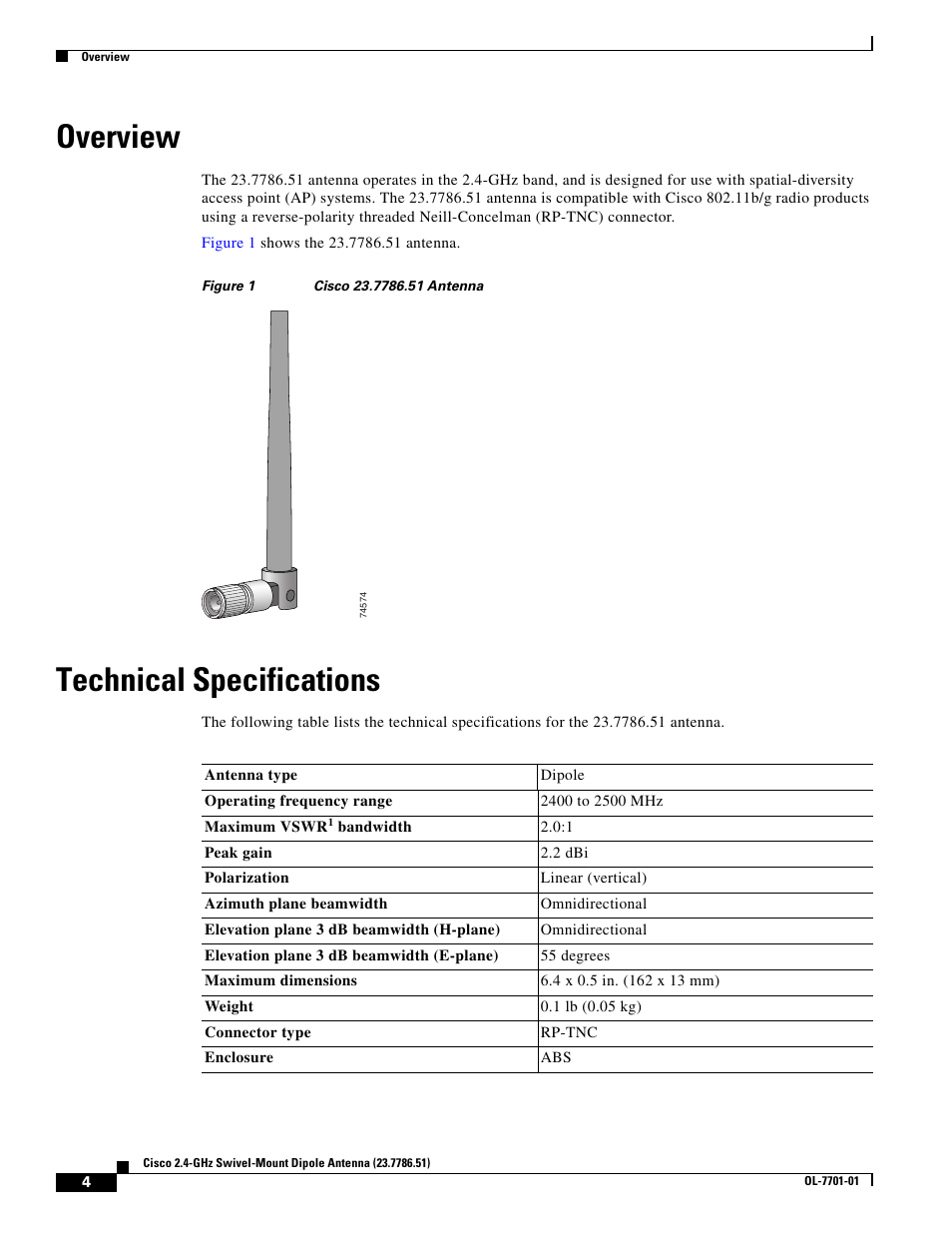 Overview, Technical specifications | Cisco Cisco 2.4-GHz Swivel-Mount Dipole Antenna 23.7786.51 User Manual | Page 4 / 14