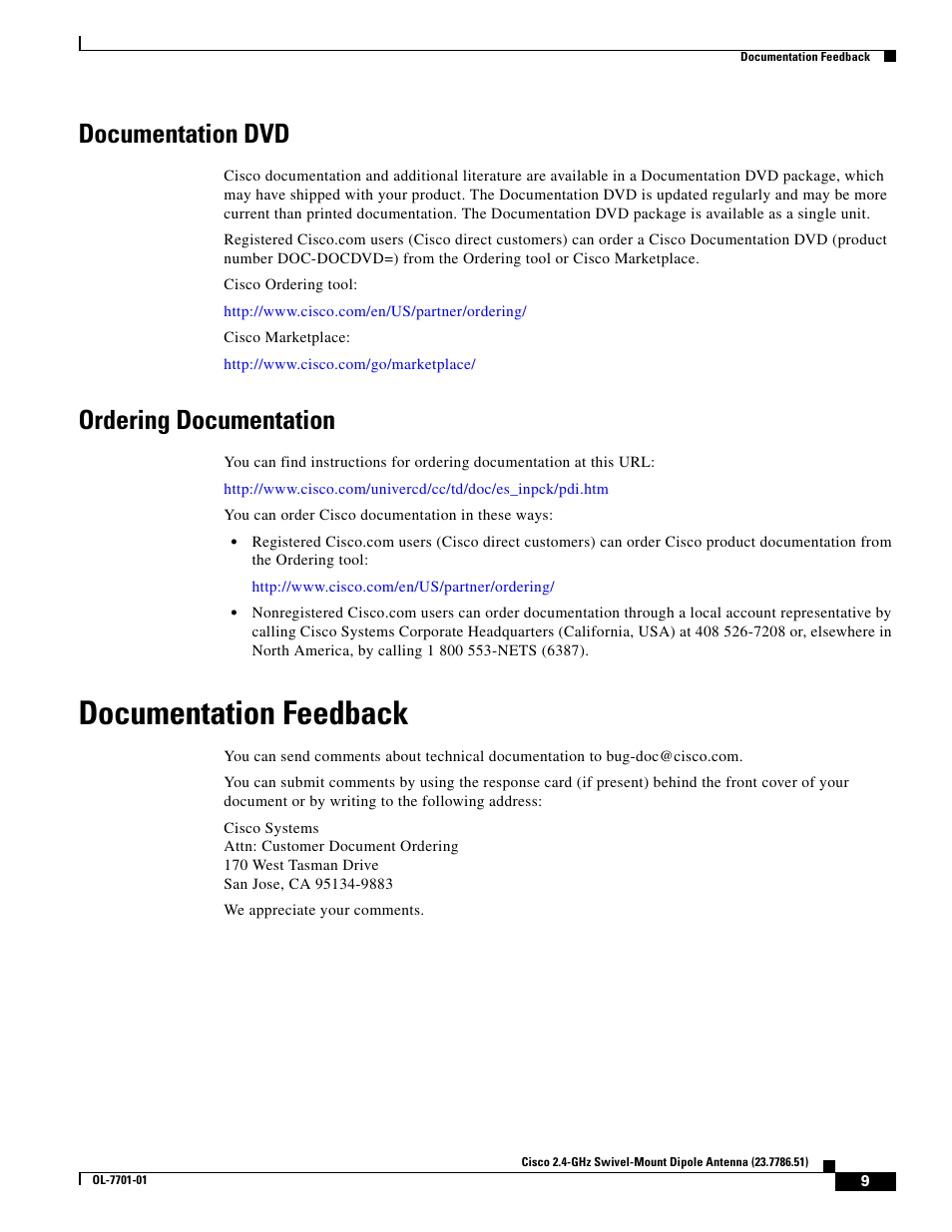 Documentation dvd, Ordering documentation, Documentation feedback | Cisco Cisco 2.4-GHz Swivel-Mount Dipole Antenna 23.7786.51 User Manual | Page 9 / 14