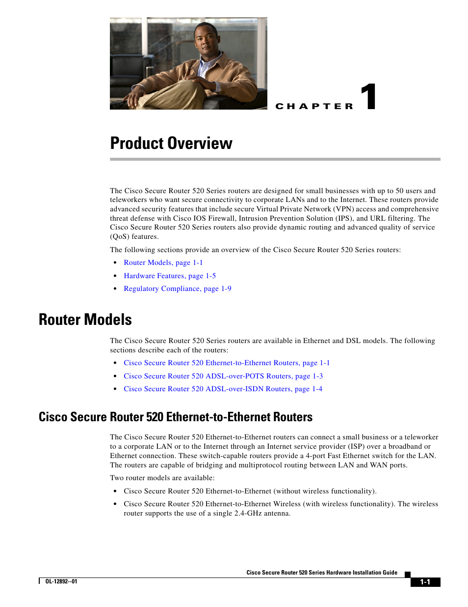 Product overview, C h a p t e r, Router models | Chapter 1, “product overview | Cisco 520 User Manual | Page 15 / 64