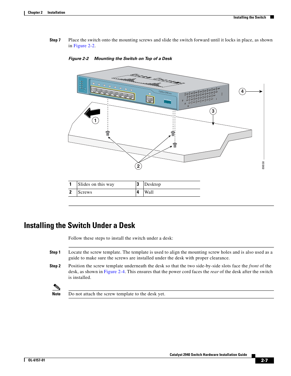 Installing the switch under a desk | Cisco 2940 User Manual | Page 37 / 82