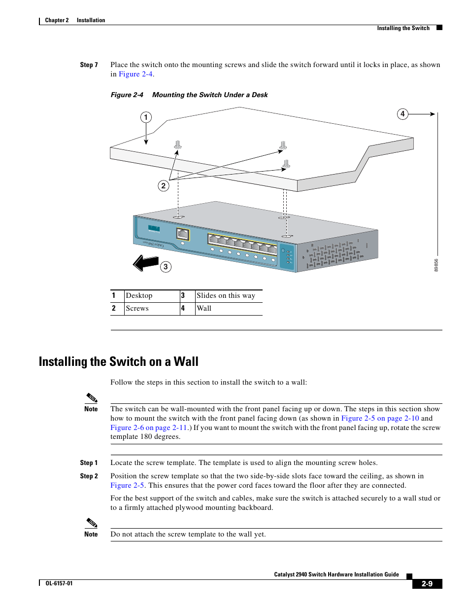 Installing the switch on a wall, Figure 2-4 | Cisco 2940 User Manual | Page 39 / 82